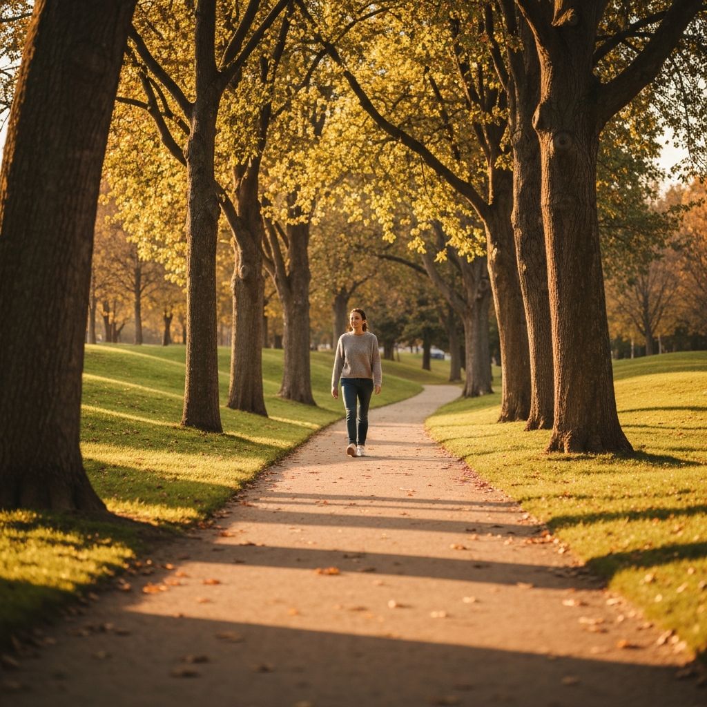 Peaceful park walking path with trees and natural scenery